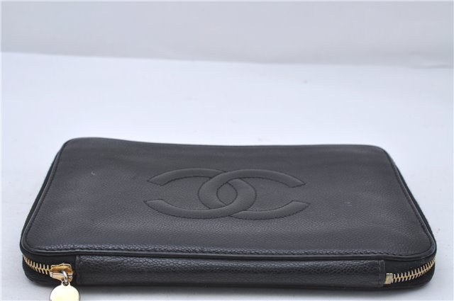 Authentic CHANEL Caviar Skin CC Logo Long Wallet Purse Black 1717D