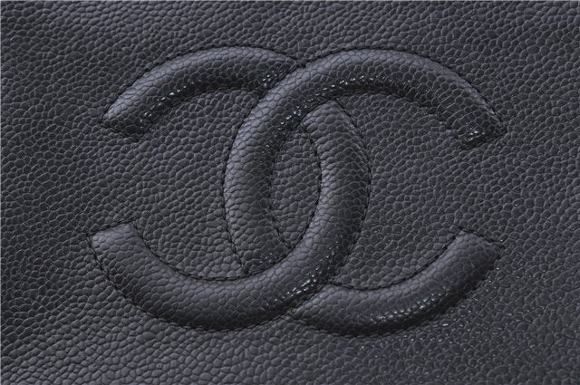 Authentic CHANEL Caviar Skin CC Logo Long Wallet Purse Black 1717D