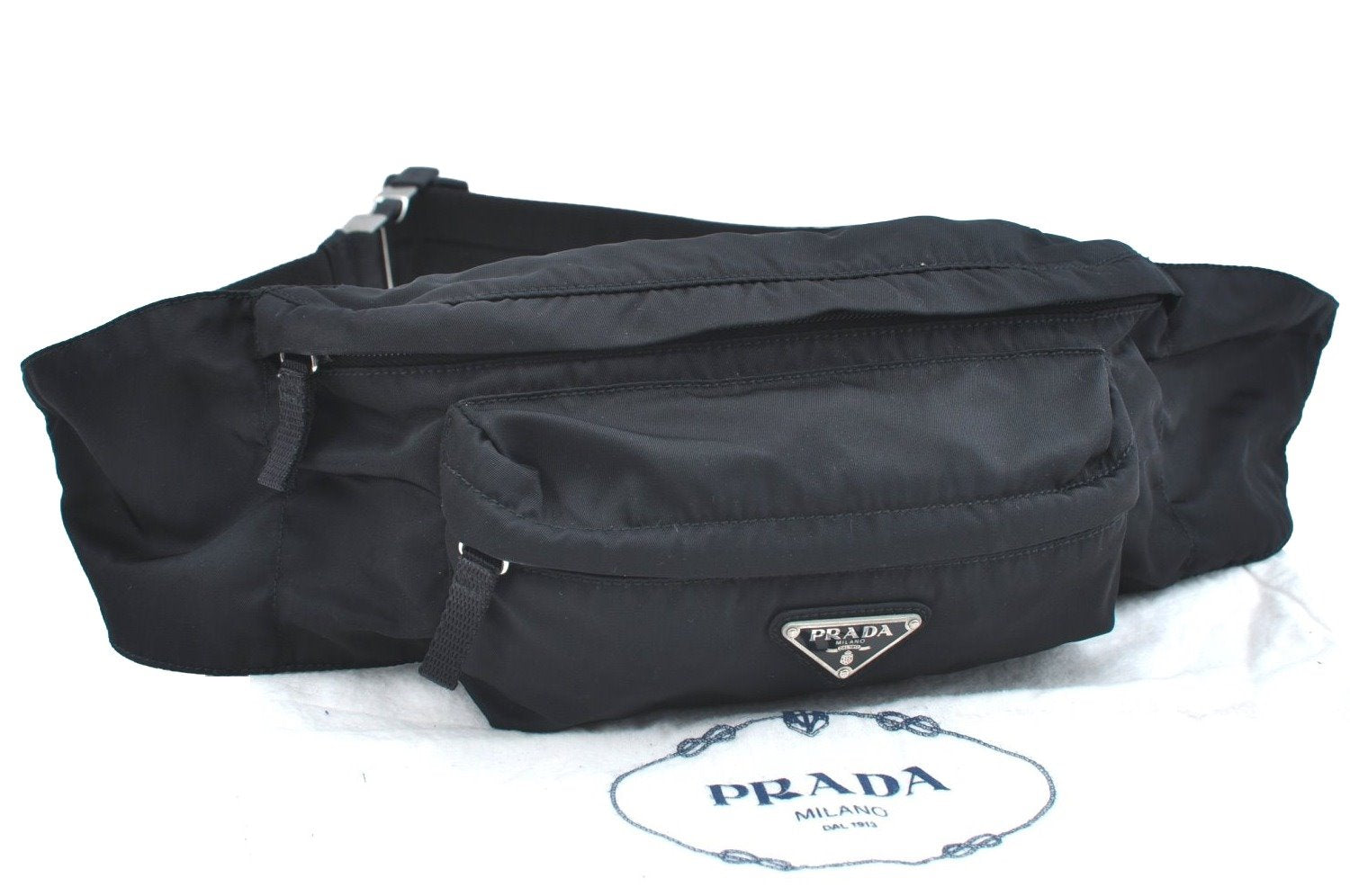 Authentic PRADA Vintage Nylon Tessuto Waist Body Bag Purse Black 1727H