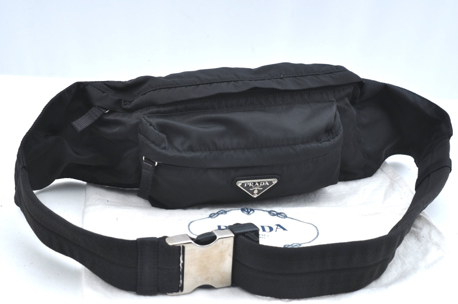 Authentic PRADA Vintage Nylon Tessuto Waist Body Bag Purse Black 1727H