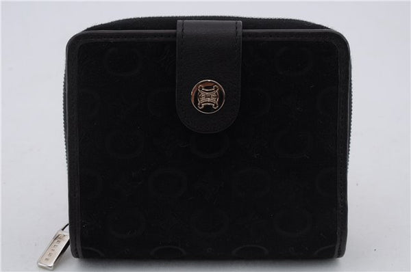 Auth CELINE C Macadam Blason Pattern Bifold Wallet Suede Leather Black Box 1729D
