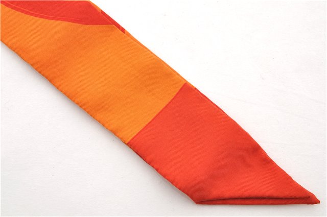Authentic HERMES Twilly Scarf Silk Line Design Red Orange Box 1734E