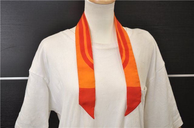 Authentic HERMES Twilly Scarf Silk Line Design Red Orange Box 1734E