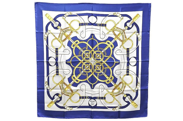 Authentic HERMES Carre 90 Scarf "Eperon d'or" Silk Blue 1737E