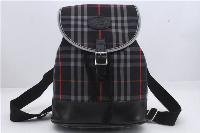 Authentic Burberrys Vintage Check Canvas Leather Backpack Navy Blue 1746D