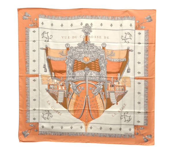 Authenti HERMES Carre 90 Scarf "VUE DU CAROSSE DE LA GALERE" Silk Orange 1753E