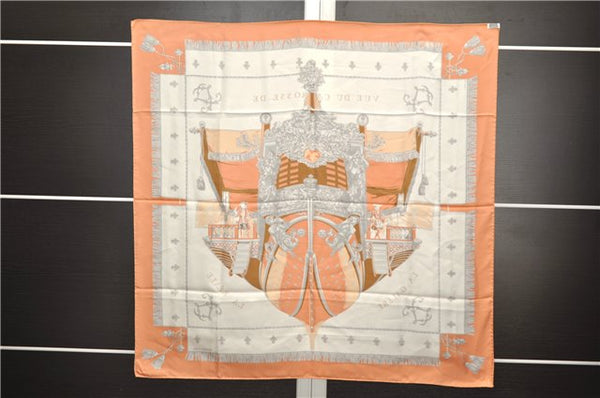 Authenti HERMES Carre 90 Scarf "VUE DU CAROSSE DE LA GALERE" Silk Orange 1753E