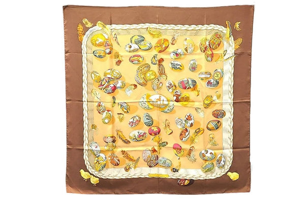 Authentic HERMES Carre 90 Scarf "Couvee d Hermes" Silk Brown 1755E