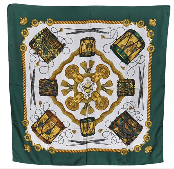 Authentic HERMES Carre 90 Scarf "LES TAMBOURS" Silk Green 1757F