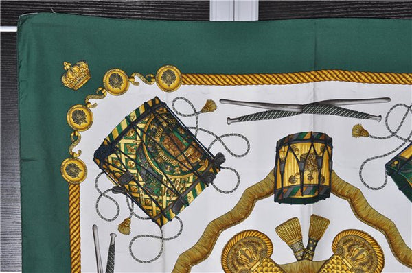 Authentic HERMES Carre 90 Scarf "LES TAMBOURS" Silk Green 1757F