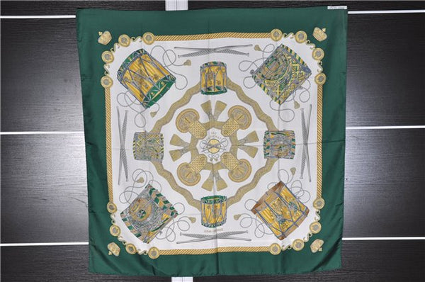 Authentic HERMES Carre 90 Scarf "LES TAMBOURS" Silk Green 1757F