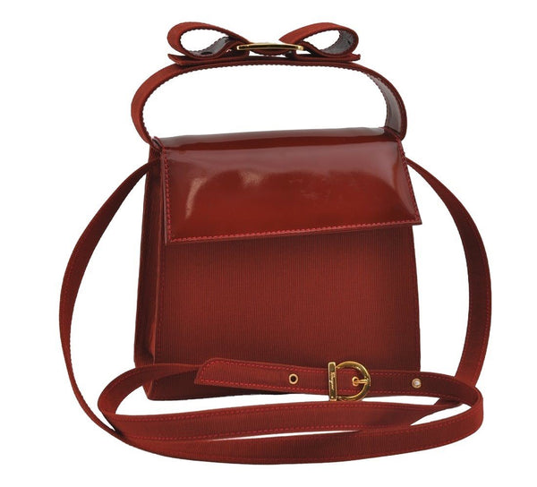 Authentic Salvatore Ferragamo Vara Ribbon Leather Canvas 2Way Hand Bag Red 1760I