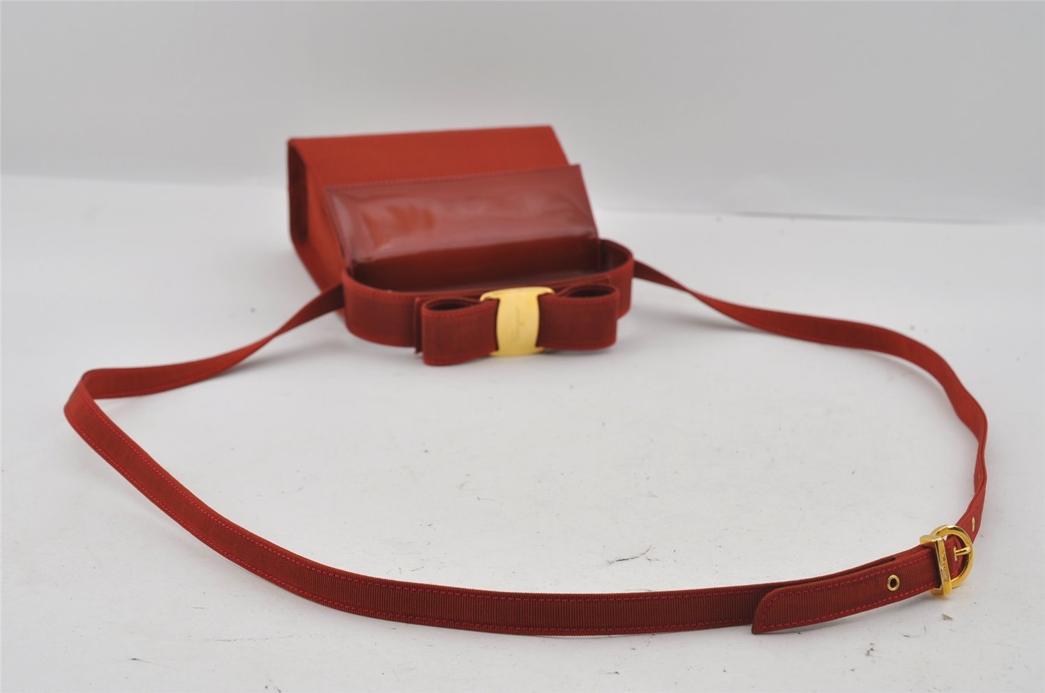 Authentic Salvatore Ferragamo Vara Ribbon Leather Canvas 2Way Hand Bag Red 1760I