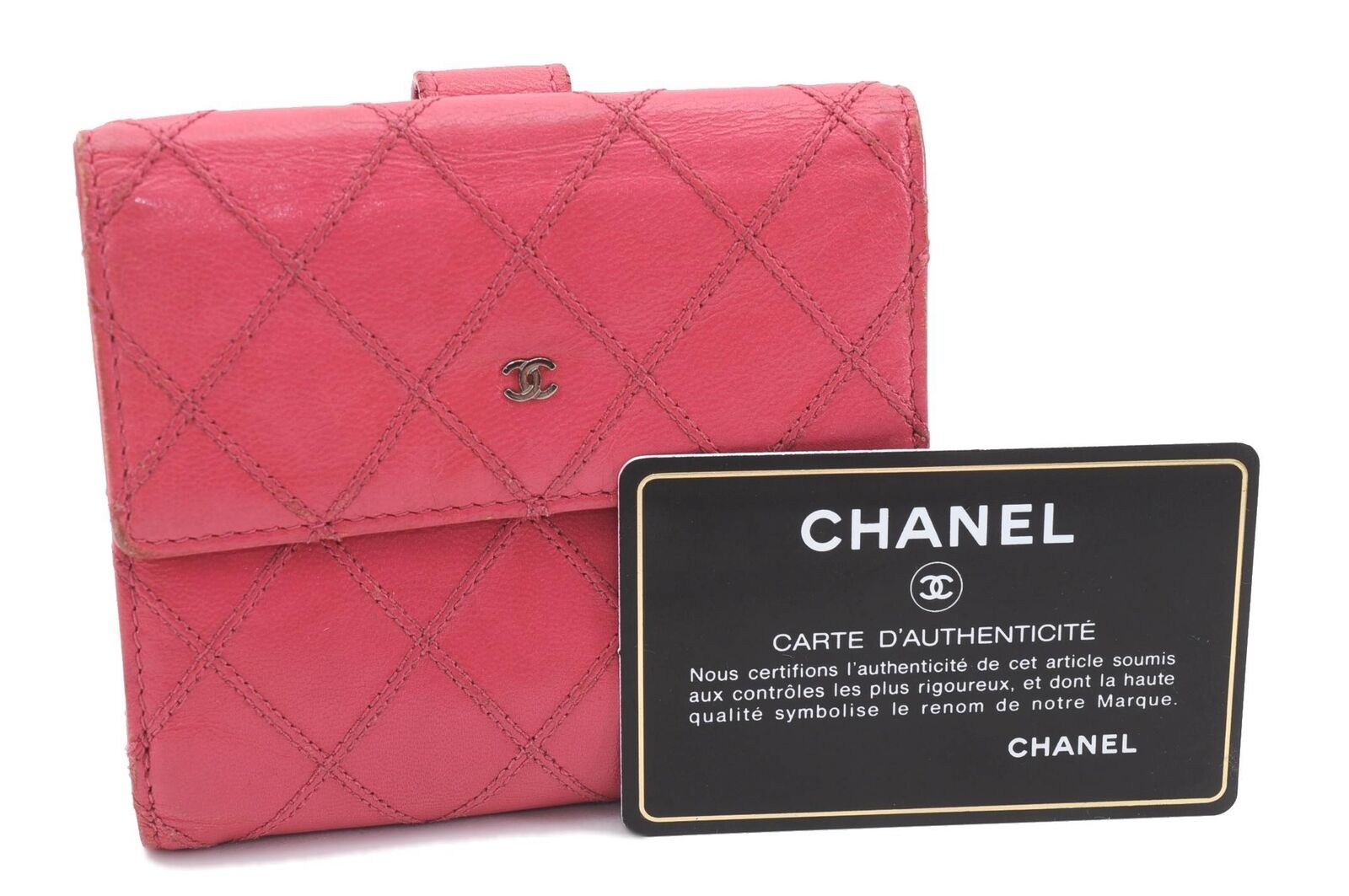 Authentic CHANEL Calf Bicolore CoCo Mark Bifold Wallet Purse Pink CC 1764C