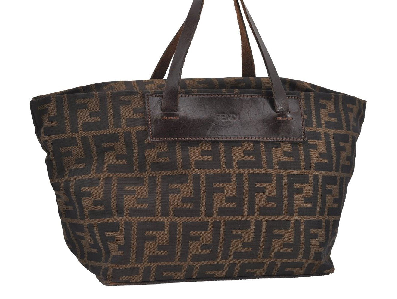 Authentic FENDI Zucca Folding Tote Hand Bag Purse Nylon Leather Brown 1764I