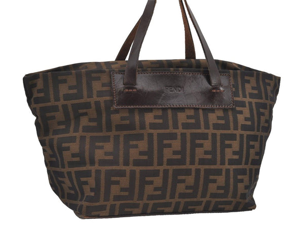 Authentic FENDI Zucca Folding Tote Hand Bag Purse Nylon Leather Brown 1764I