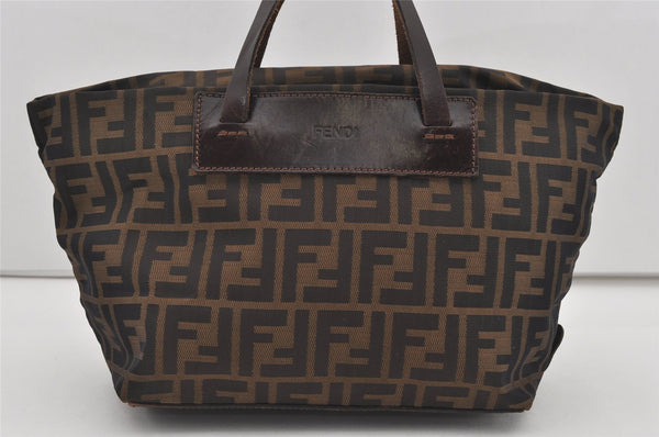 Authentic FENDI Zucca Folding Tote Hand Bag Purse Nylon Leather Brown 1764I