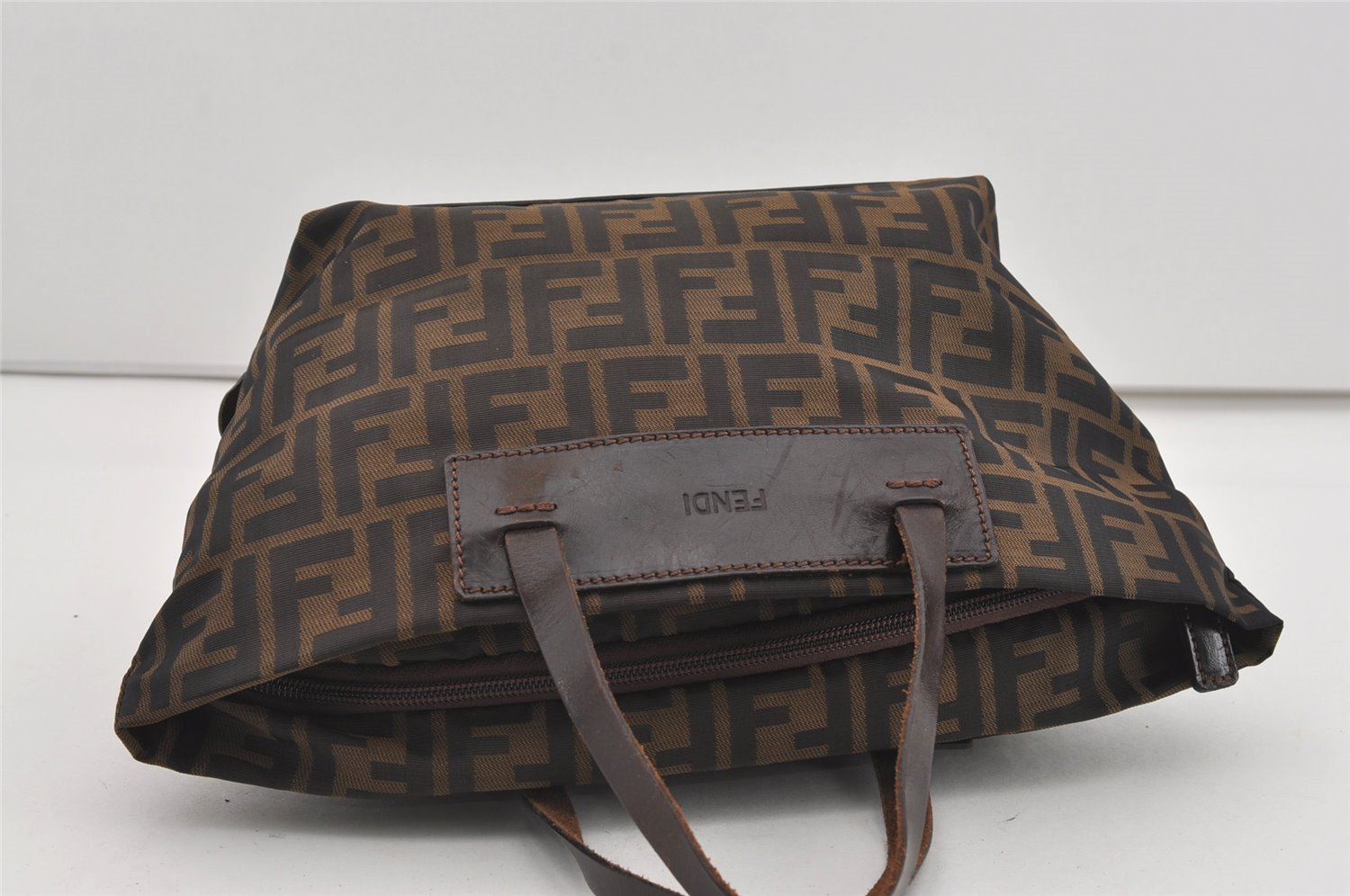 Authentic FENDI Zucca Folding Tote Hand Bag Purse Nylon Leather Brown 1764I