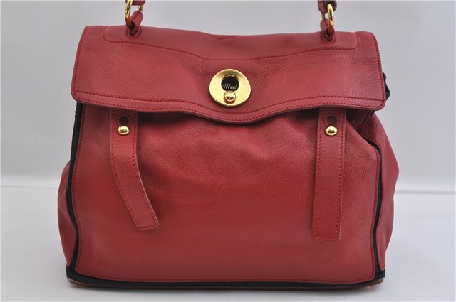 Authentic YVES SAINT LAURENT Muse Two Shoulder Bag Leather Canvas Red 1766F