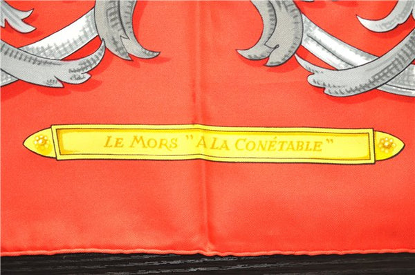 Authentic HERMES Carre 90 Scarf "LE MORS A LA CONETABLE" Silk Red 1767E