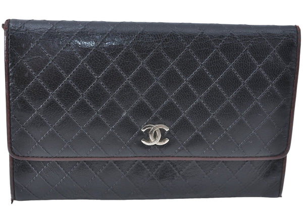 Authentic CHANEL Calf Skin Bicolore CoCo Mark Long Wallet Purse Black 1800C