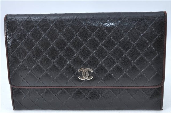 Authentic CHANEL Calf Skin Bicolore CoCo Mark Long Wallet Purse Black 1800C