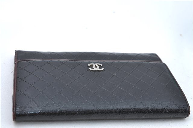 Authentic CHANEL Calf Skin Bicolore CoCo Mark Long Wallet Purse Black 1800C