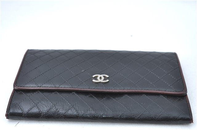 Authentic CHANEL Calf Skin Bicolore CoCo Mark Long Wallet Purse Black 1800C