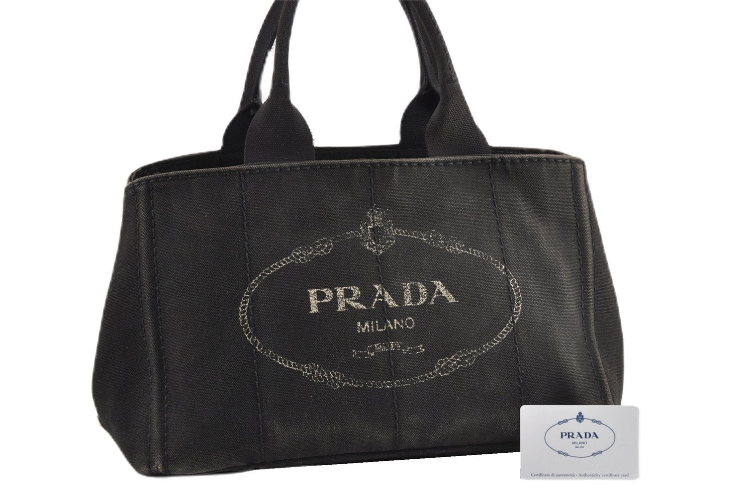 Authentic PRADA Vintage Canapa M Denim Tote Hand Bag BN1877 Black 1822G