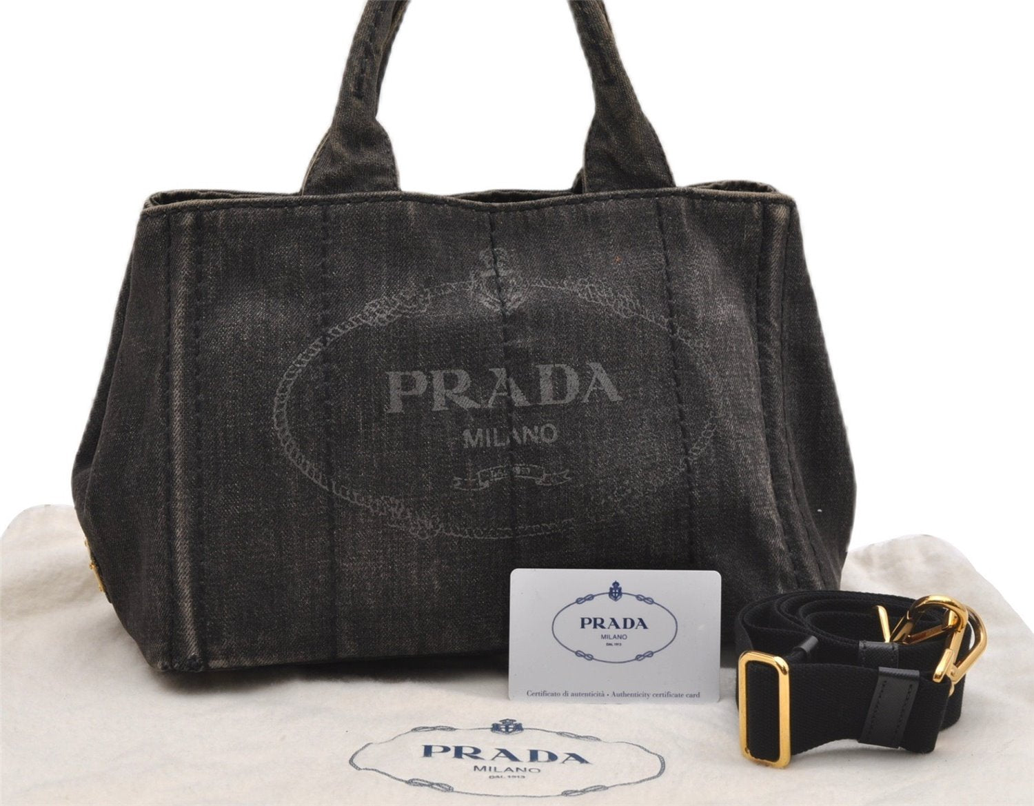 Authentic PRADA Canapa SS 2Way Shoulder Hand Bag Denim B2439G Black 1823G