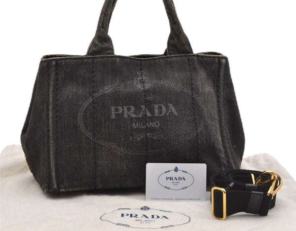 Authentic PRADA Canapa SS 2Way Shoulder Hand Bag Denim B2439G Black 1823G