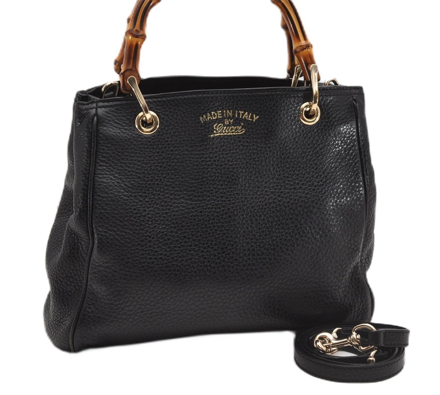 Authentic GUCCI Bamboo Shopper Small Hand Bag Purse Leather 336032 Black 1827G