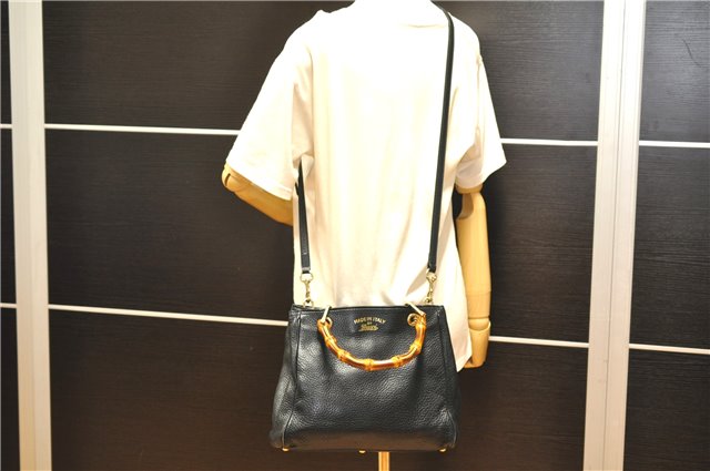 Authentic GUCCI Bamboo Shopper Small Hand Bag Purse Leather 336032 Black 1827G