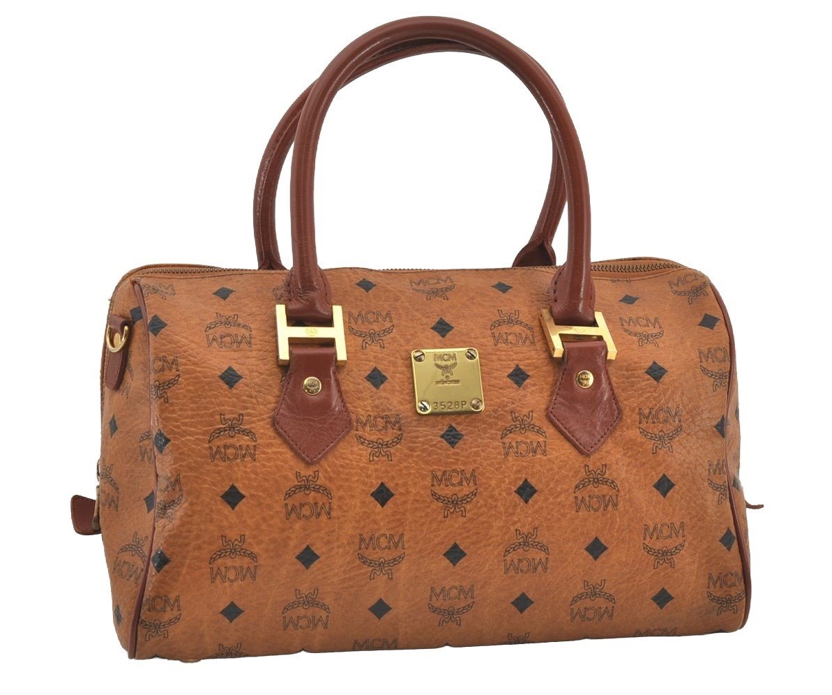 Authentic MCM Visetos Leather Vintage 2Way Hand Boston Bag Brown 1827I