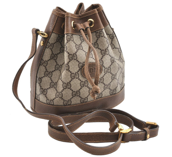 Authentic GUCCI Shoulder Cross Drawstring Bag GG PVC Leather Brown Junk 1832G