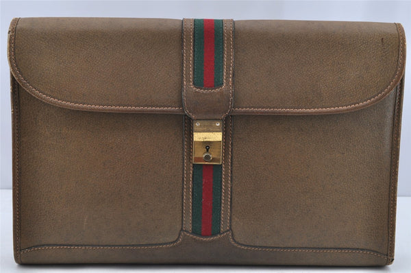 Authentic GUCCI Web Sherry Line Vintage Document Case Leather Brown 1832I