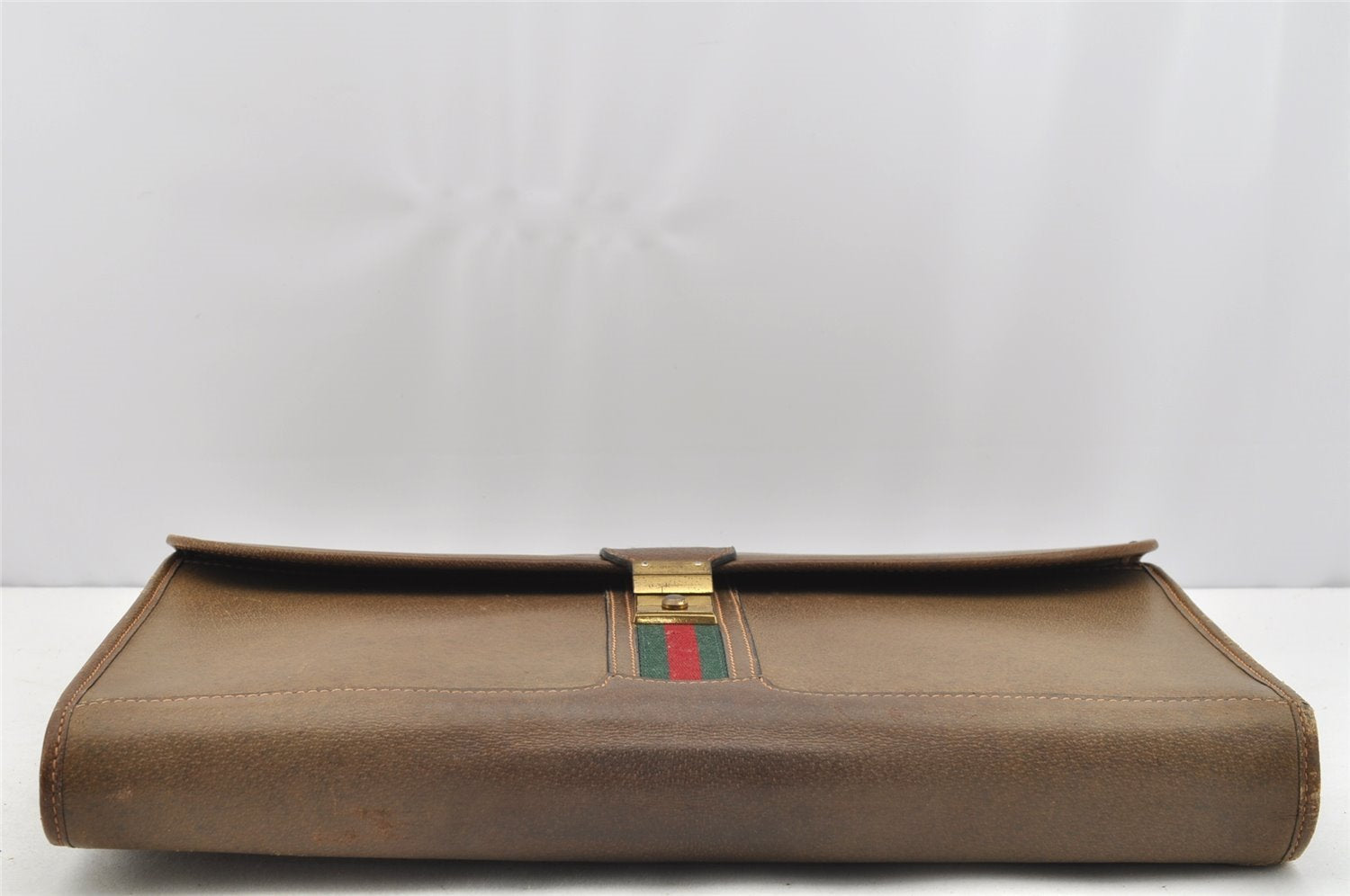 Authentic GUCCI Web Sherry Line Vintage Document Case Leather Brown 1832I