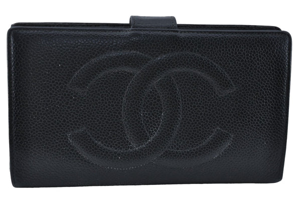 Authentic CHANEL Caviar Skin CC Logo Bifold Long Wallet Black 1834C