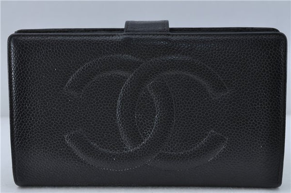 Authentic CHANEL Caviar Skin CC Logo Bifold Long Wallet Black 1834C