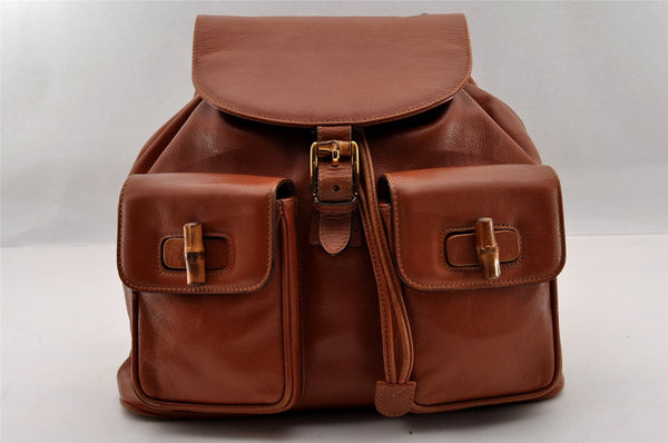 Authentic GUCCI Vintage Bamboo Drawstring Backpack Leather Brown 1836I