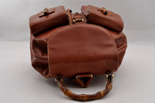 Authentic GUCCI Vintage Bamboo Drawstring Backpack Leather Brown 1836I