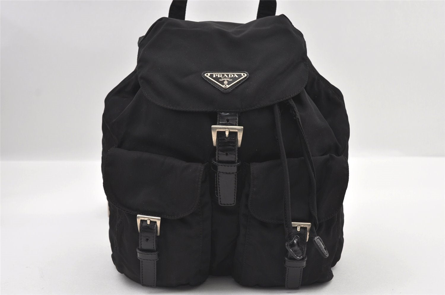Authentic PRADA Vintage Nylon Tessuto Leather Drawstring Backpack Black 1846I