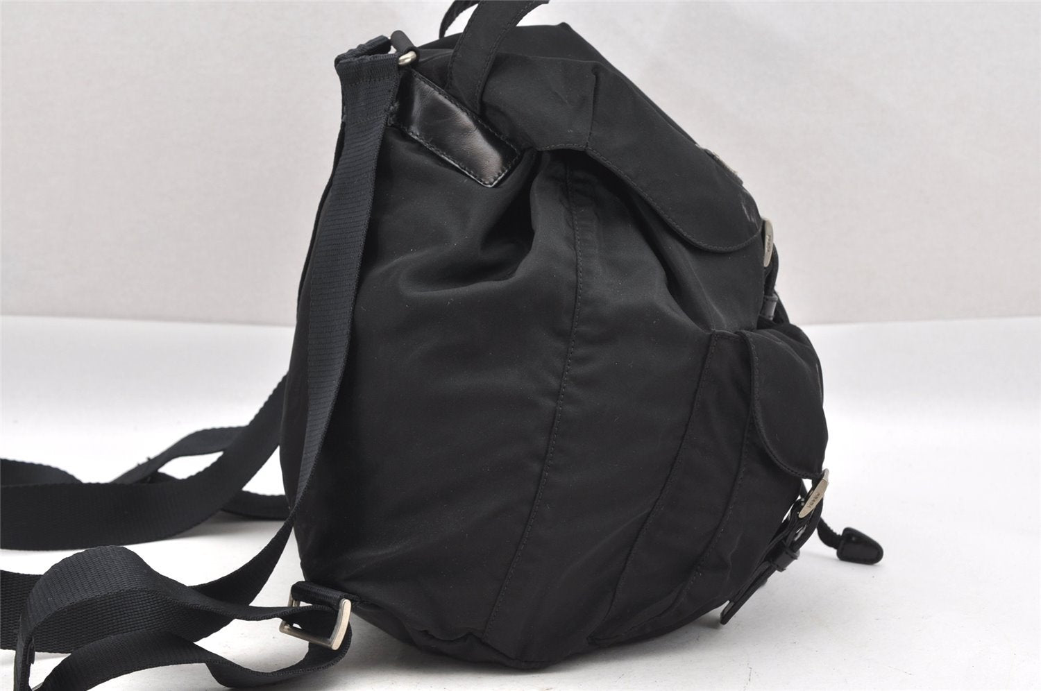 Authentic PRADA Vintage Nylon Tessuto Leather Drawstring Backpack Black 1846I