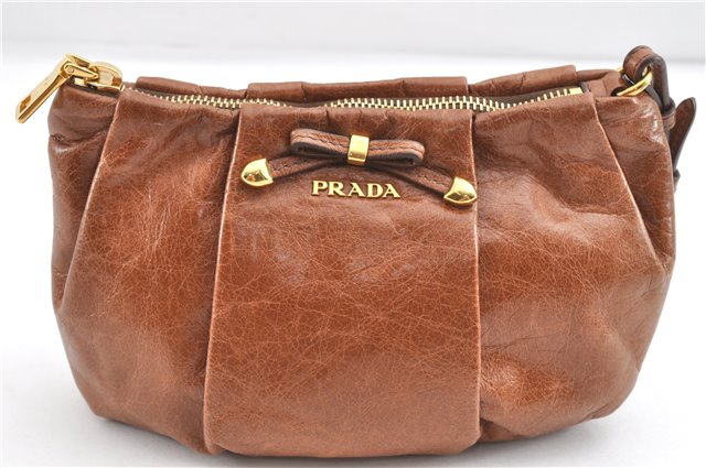 Authentic PRADA Vintage Leather Nappa Clutch Hand Bag Purse Brown 1848G