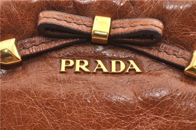 Authentic PRADA Vintage Leather Nappa Clutch Hand Bag Purse Brown 1848G