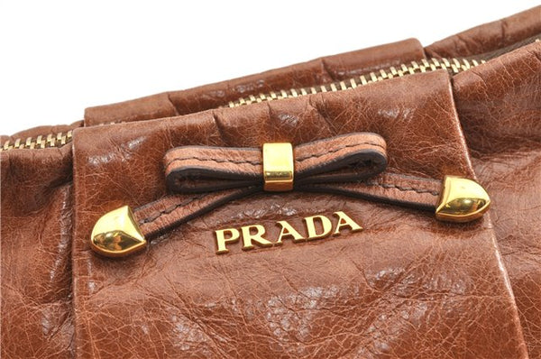 Authentic PRADA Vintage Leather Nappa Clutch Hand Bag Purse Brown 1848G