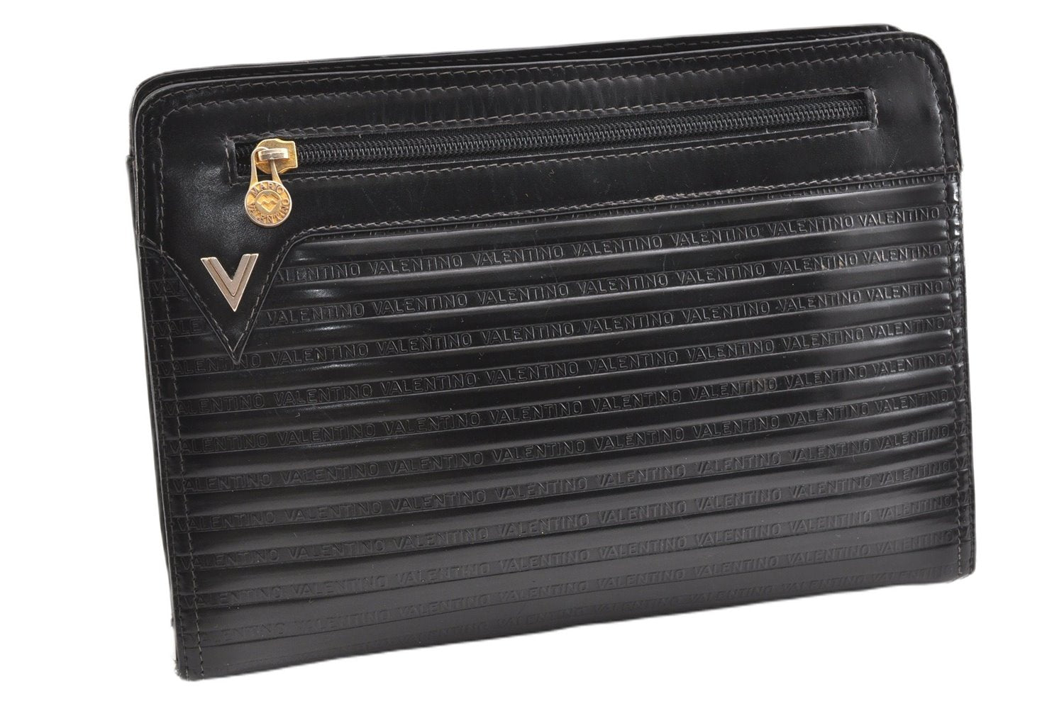 Authentic MARIO VALENTINO Logo Clutch Hand Bag Purse Leather Black 1853G