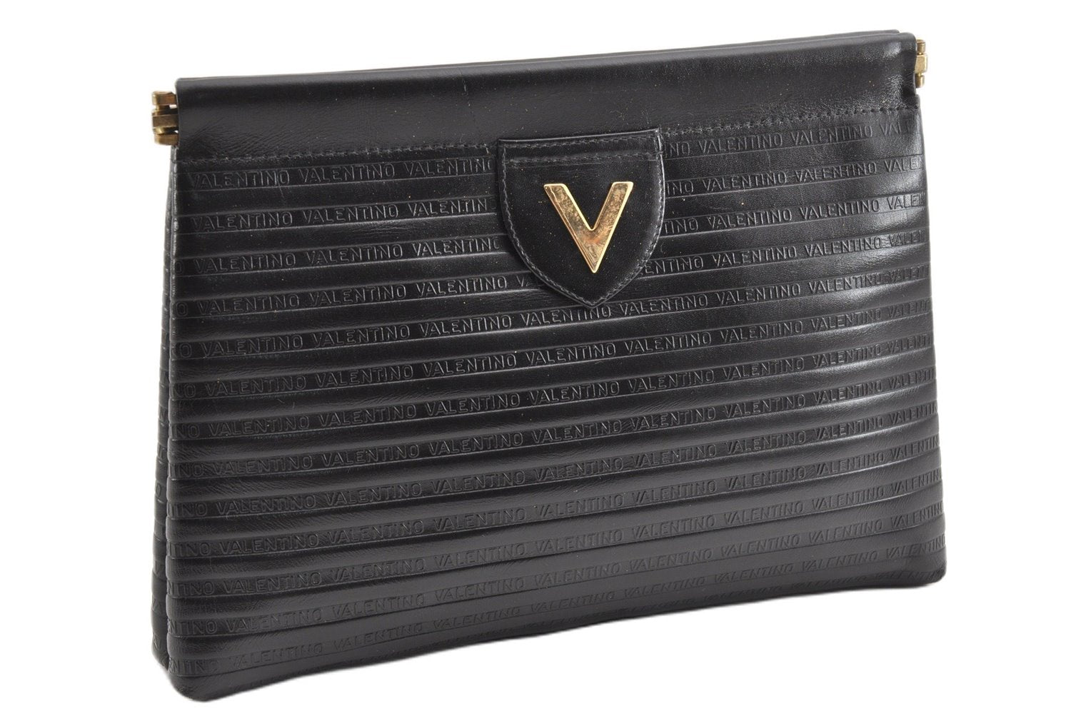 Authentic MARIO VALENTINO Logo Clutch Hand Bag Purse Leather Black 1854G