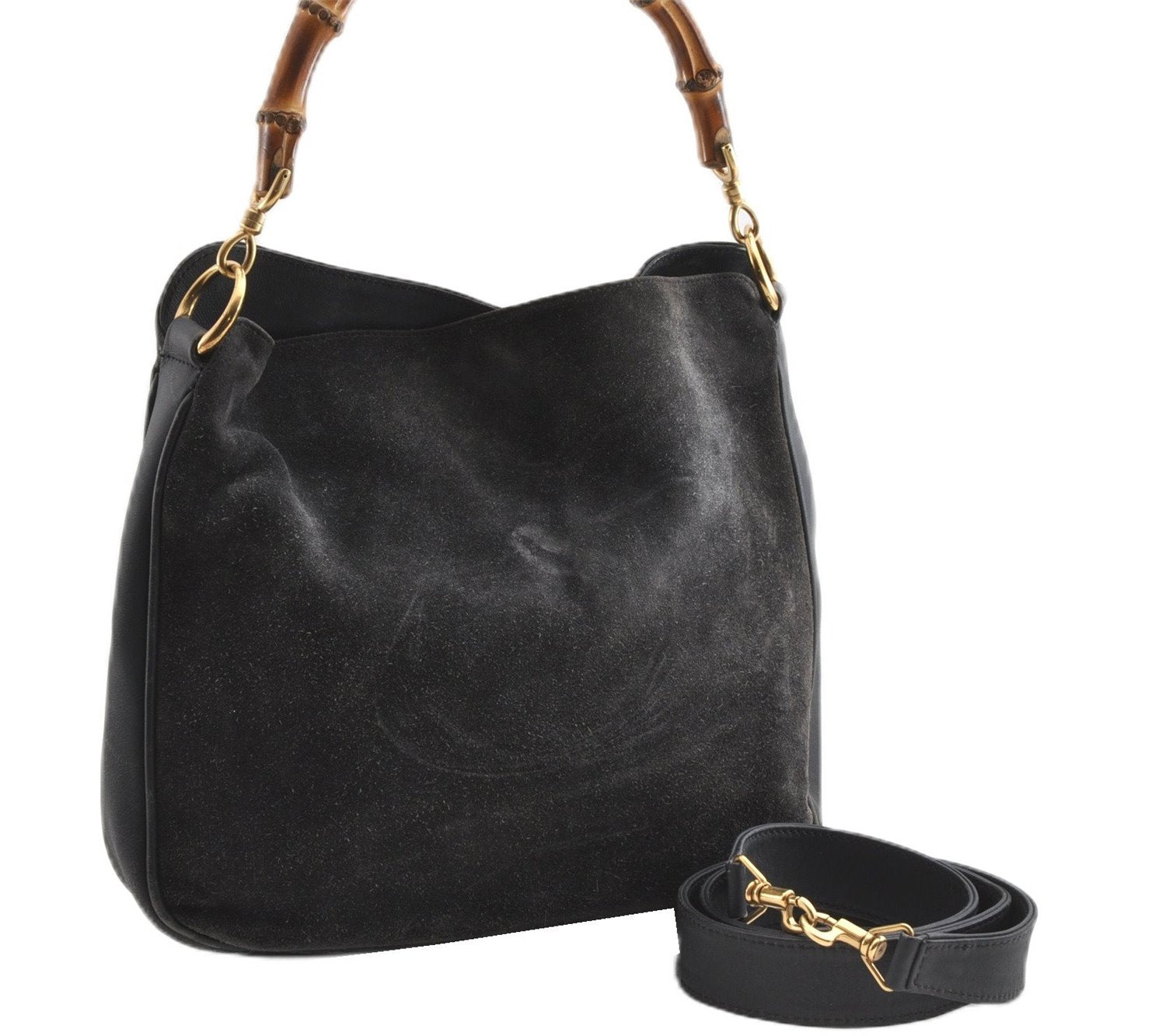 Authentic GUCCI Bamboo 2Way Hand Shoulder Bag Suede Leather Junk Black 1857G