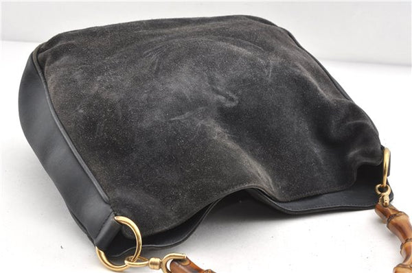 Authentic GUCCI Bamboo 2Way Hand Shoulder Bag Suede Leather Junk Black 1857G
